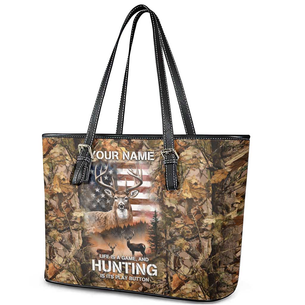 Personalized Buck Deer Hunting Leather Tote Bag American Flag Sunset Forest in Camouflage