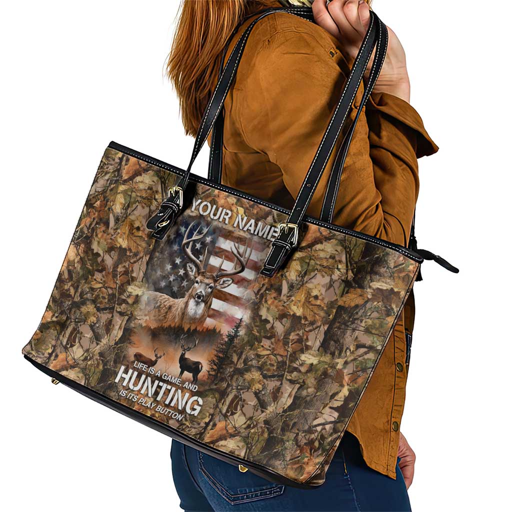 Personalized Buck Deer Hunting Leather Tote Bag American Flag Sunset Forest in Camouflage