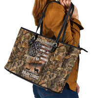 Personalized Buck Deer Hunting Leather Tote Bag American Flag Sunset Forest in Camouflage