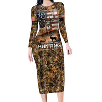 Personalized Buck Deer Hunting Long Sleeve Bodycon Dress American Flag Sunset Forest in Camouflage