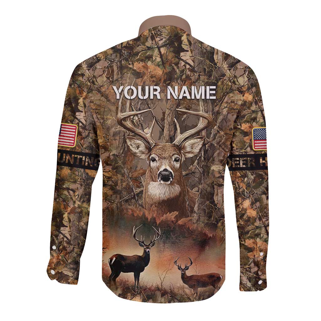 Personalized Buck Deer Hunting Long Sleeve Button Shirt American Flag Sunset Forest in Camouflage