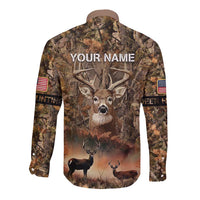 Personalized Buck Deer Hunting Long Sleeve Button Shirt American Flag Sunset Forest in Camouflage
