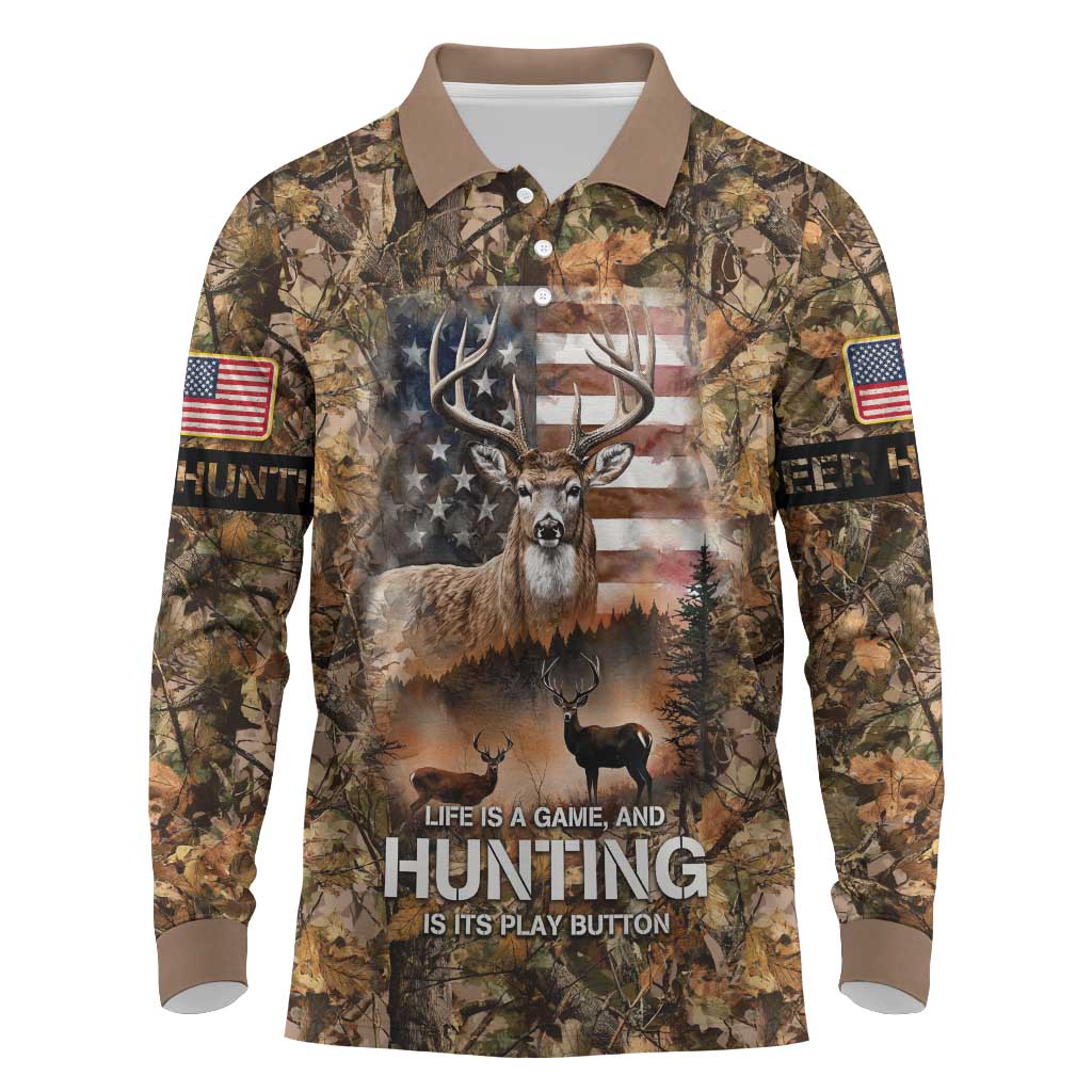 Personalized Buck Deer Hunting Long Sleeve Polo Shirt American Flag Sunset Forest in Camouflage