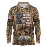 Personalized Buck Deer Hunting Long Sleeve Polo Shirt American Flag Sunset Forest in Camouflage