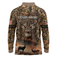 Personalized Buck Deer Hunting Long Sleeve Polo Shirt American Flag Sunset Forest in Camouflage