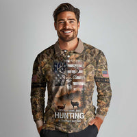 Personalized Buck Deer Hunting Long Sleeve Polo Shirt American Flag Sunset Forest in Camouflage