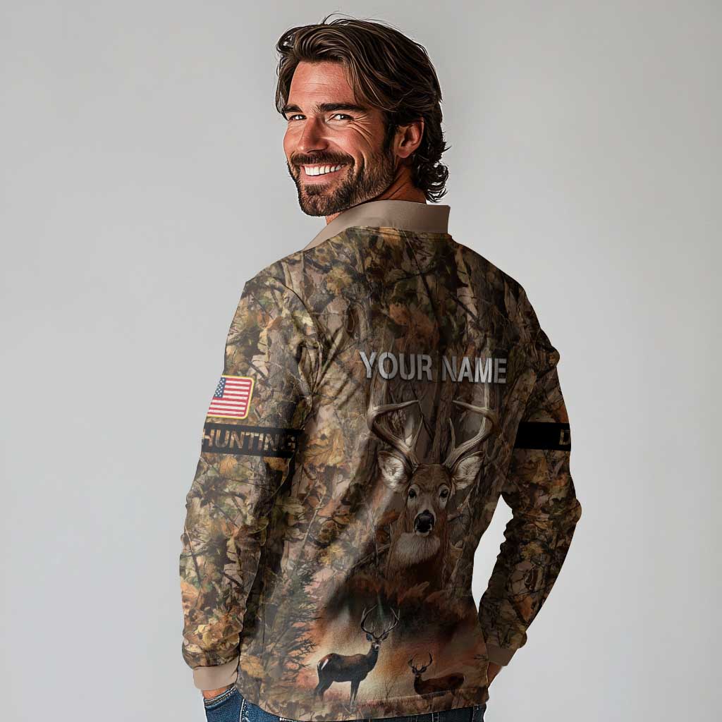 Personalized Buck Deer Hunting Long Sleeve Polo Shirt American Flag Sunset Forest in Camouflage