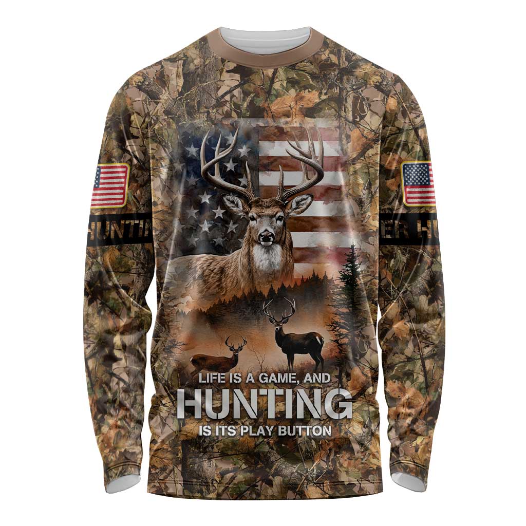 Personalized Buck Deer Hunting Long Sleeve Shirt American Flag Sunset Forest in Camouflage