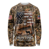 Personalized Buck Deer Hunting Long Sleeve Shirt American Flag Sunset Forest in Camouflage