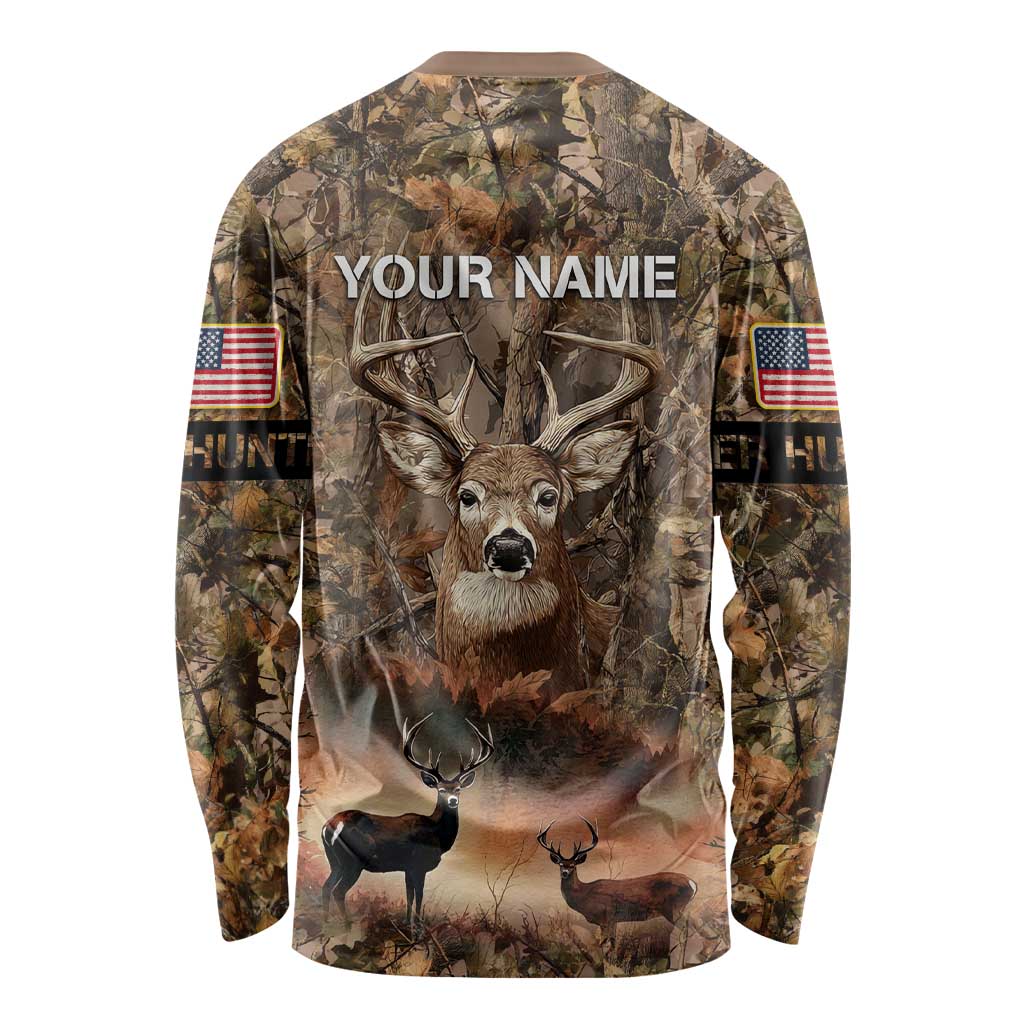 Personalized Buck Deer Hunting Long Sleeve Shirt American Flag Sunset Forest in Camouflage