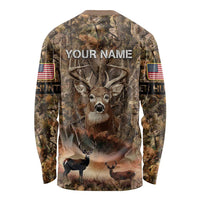 Personalized Buck Deer Hunting Long Sleeve Shirt American Flag Sunset Forest in Camouflage