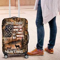 Personalized Buck Deer Hunting Luggage Cover American Flag Sunset Forest in Camouflage