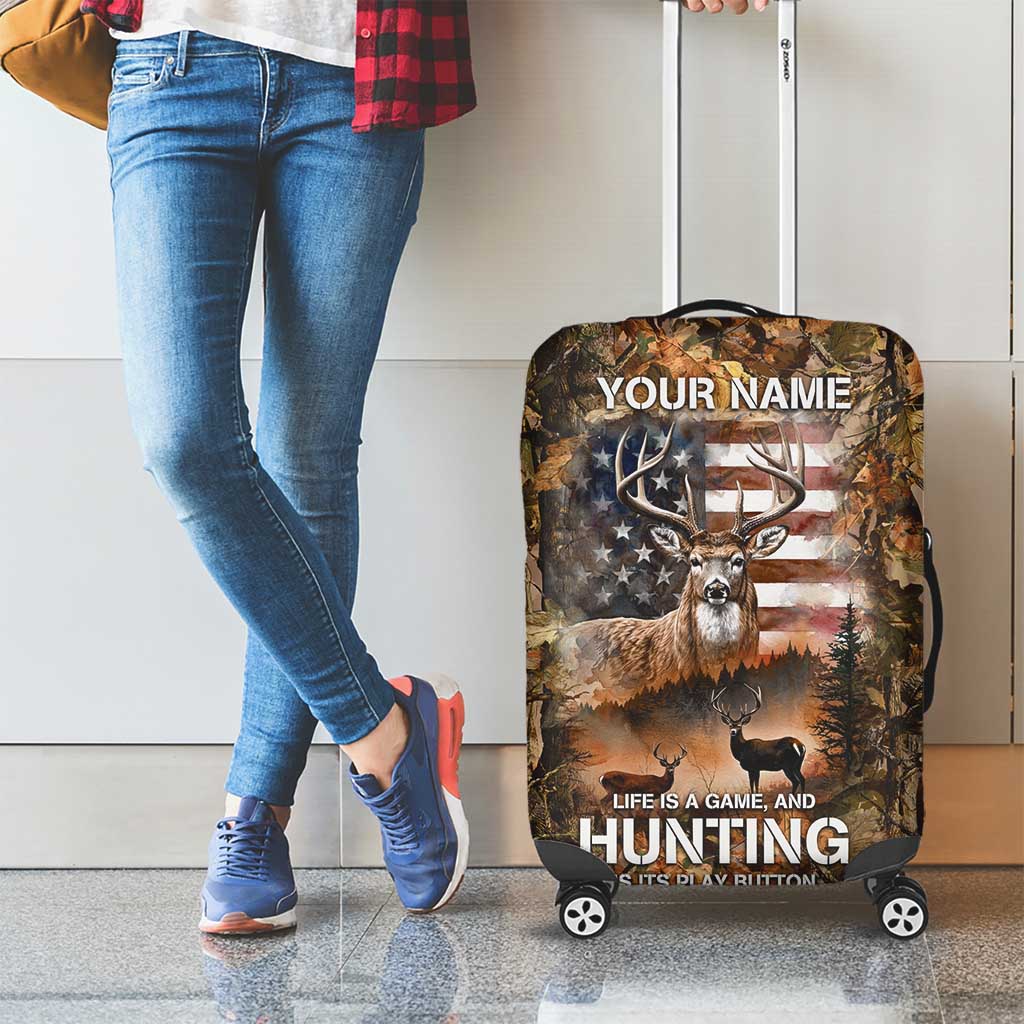 Personalized Buck Deer Hunting Luggage Cover American Flag Sunset Forest in Camouflage