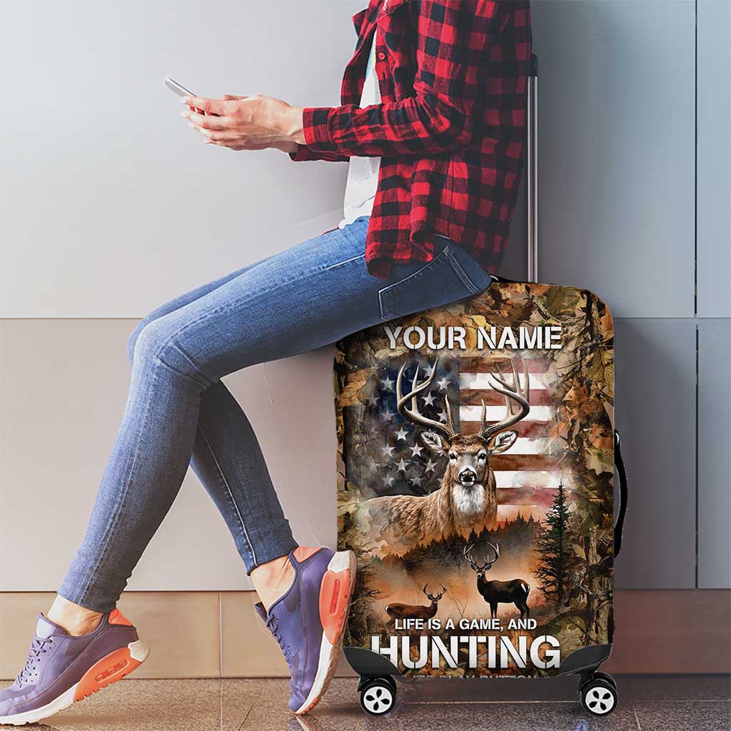 Personalized Buck Deer Hunting Luggage Cover American Flag Sunset Forest in Camouflage