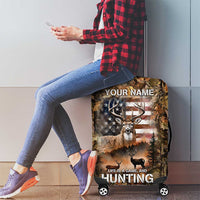 Personalized Buck Deer Hunting Luggage Cover American Flag Sunset Forest in Camouflage