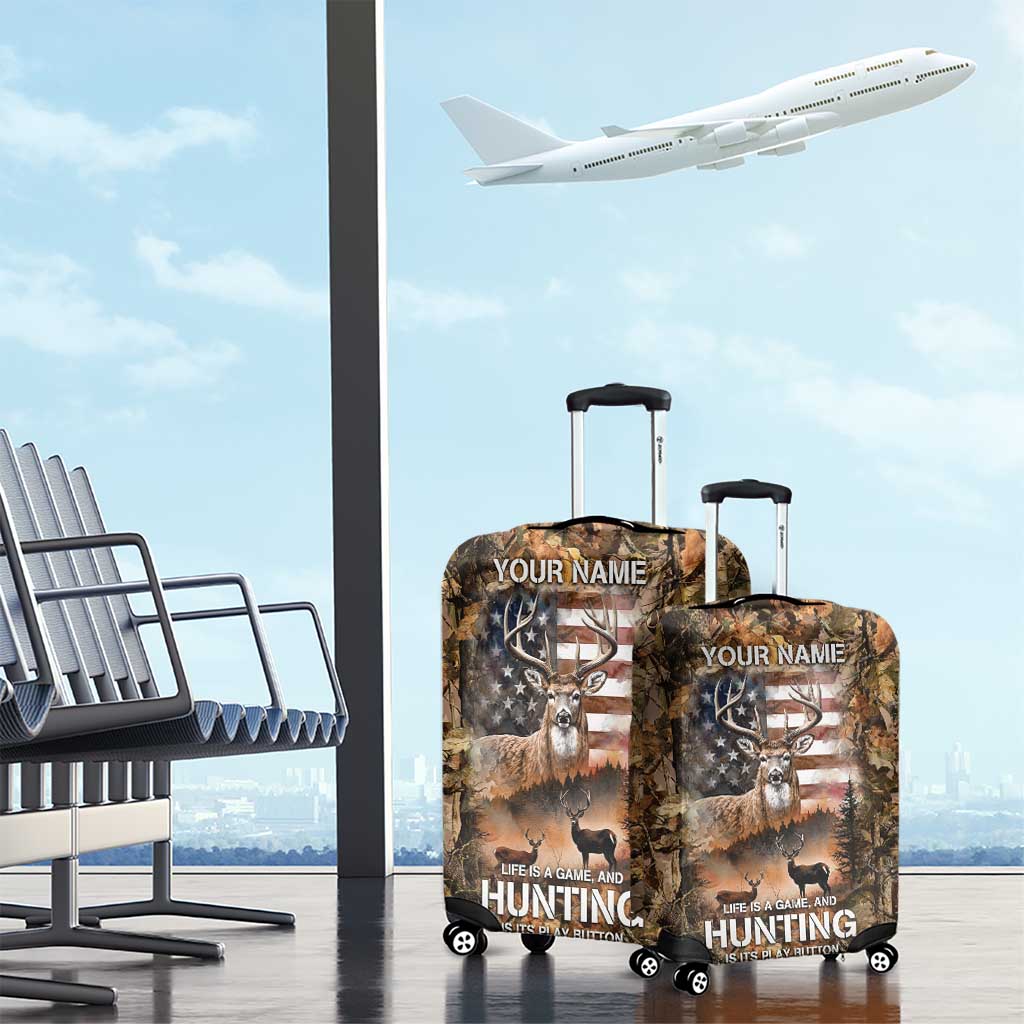 Personalized Buck Deer Hunting Luggage Cover American Flag Sunset Forest in Camouflage