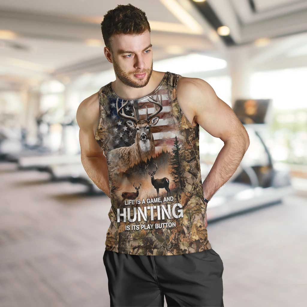 Personalized Buck Deer Hunting Men Tank Top American Flag Sunset Forest in Camouflage