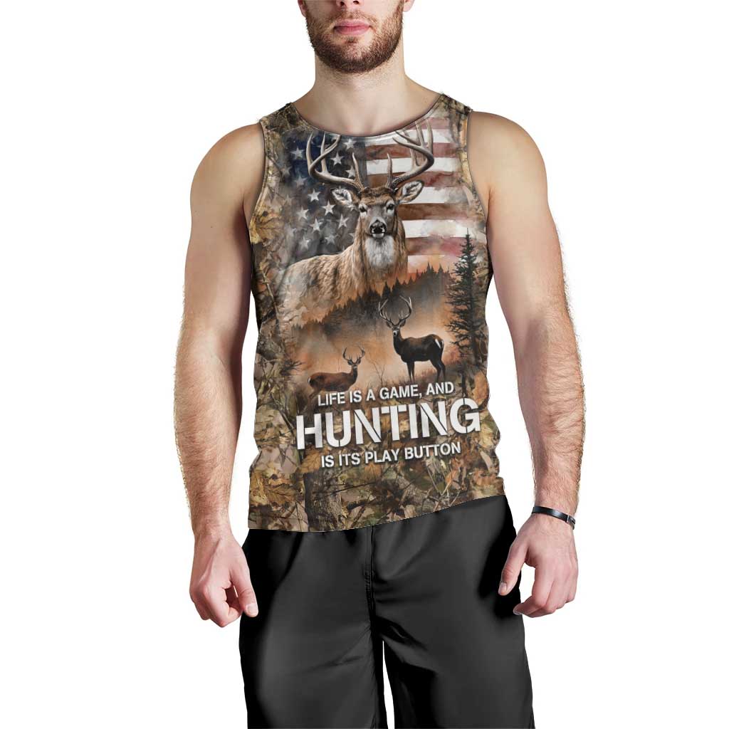 Personalized Buck Deer Hunting Men Tank Top American Flag Sunset Forest in Camouflage