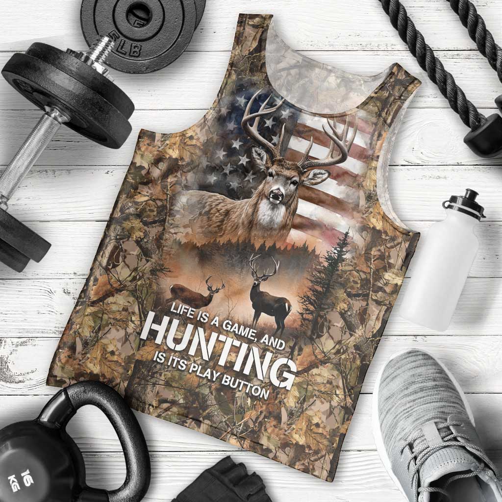 Personalized Buck Deer Hunting Men Tank Top American Flag Sunset Forest in Camouflage