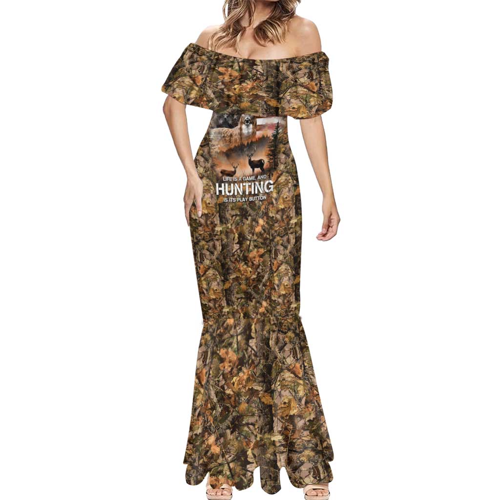 Personalized Buck Deer Hunting Mermaid Dress American Flag Sunset Forest in Camouflage