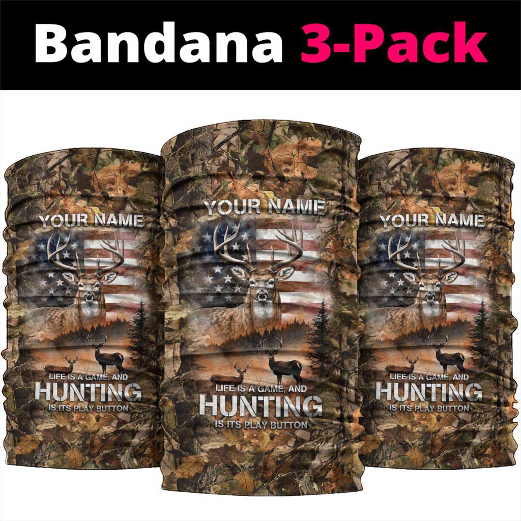 Personalized Buck Deer Hunting Neck Gaiter American Flag Sunset Forest in Camouflage