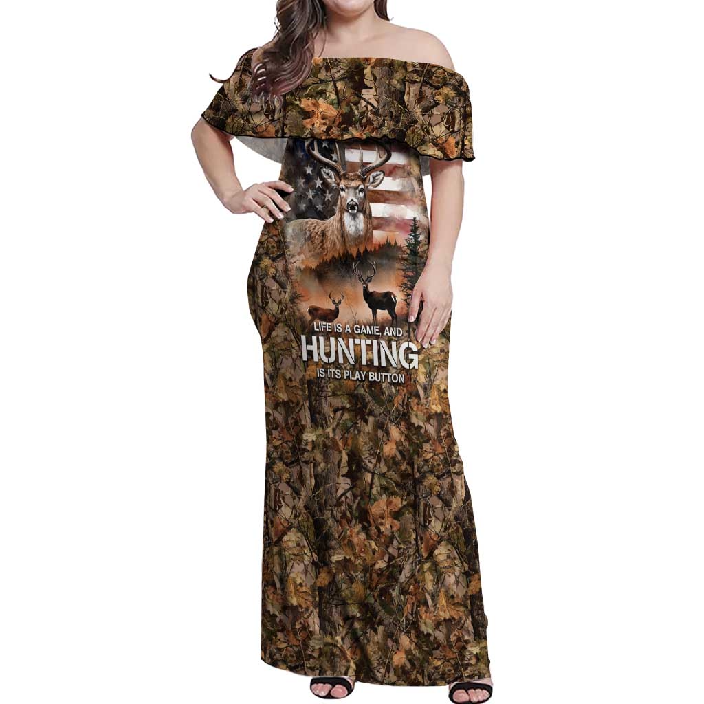 Personalized Buck Deer Hunting Off Shoulder Maxi Dress American Flag Sunset Forest in Camouflage