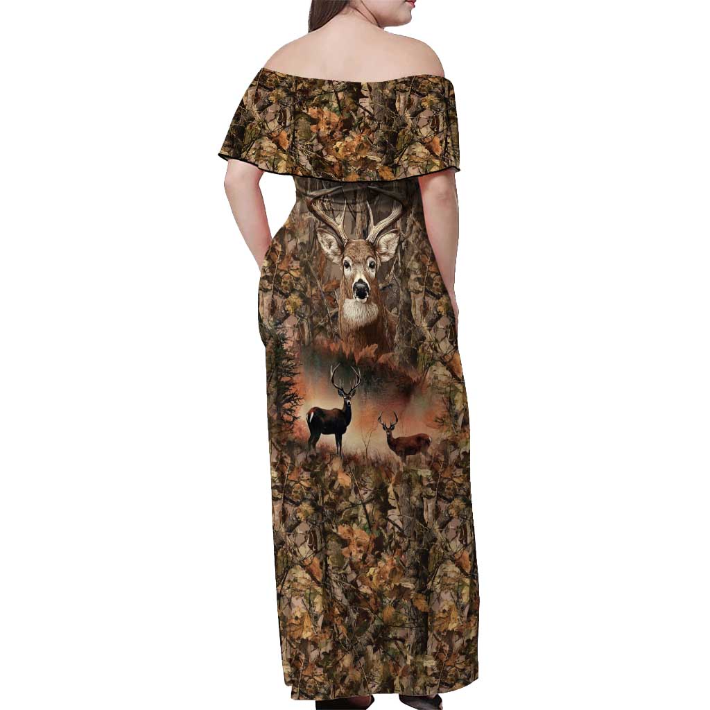 Personalized Buck Deer Hunting Off Shoulder Maxi Dress American Flag Sunset Forest in Camouflage