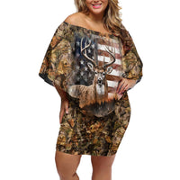 Personalized Buck Deer Hunting Off Shoulder Short Dress American Flag Sunset Forest in Camouflage