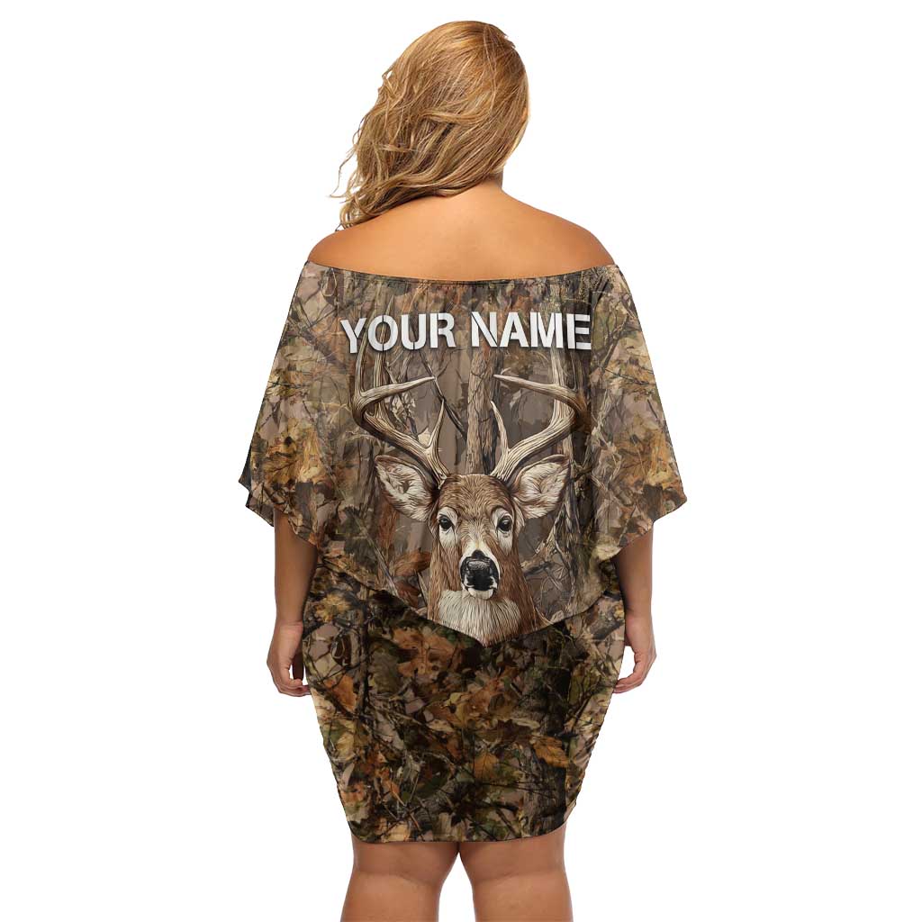 Personalized Buck Deer Hunting Off Shoulder Short Dress American Flag Sunset Forest in Camouflage