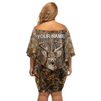 Personalized Buck Deer Hunting Off Shoulder Short Dress American Flag Sunset Forest in Camouflage