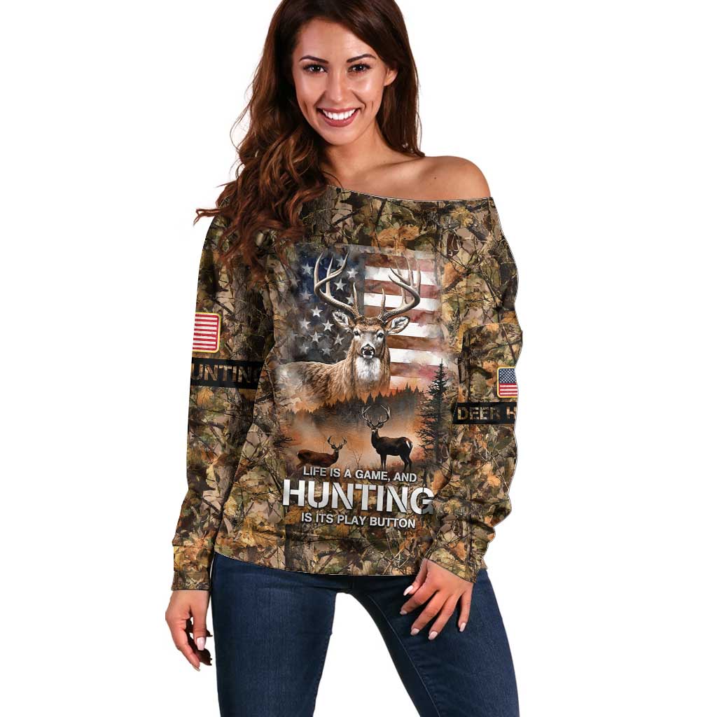 Personalized Buck Deer Hunting Off Shoulder Sweater American Flag Sunset Forest in Camouflage