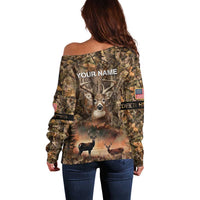 Personalized Buck Deer Hunting Off Shoulder Sweater American Flag Sunset Forest in Camouflage