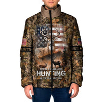 Personalized Buck Deer Hunting Padded Jacket American Flag Sunset Forest in Camouflage