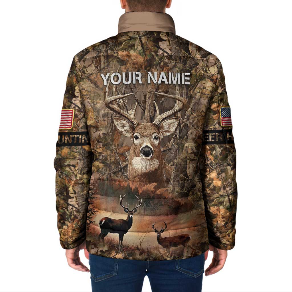 Personalized Buck Deer Hunting Padded Jacket American Flag Sunset Forest in Camouflage