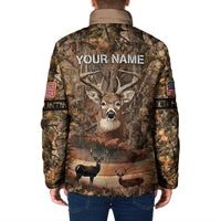 Personalized Buck Deer Hunting Padded Jacket American Flag Sunset Forest in Camouflage