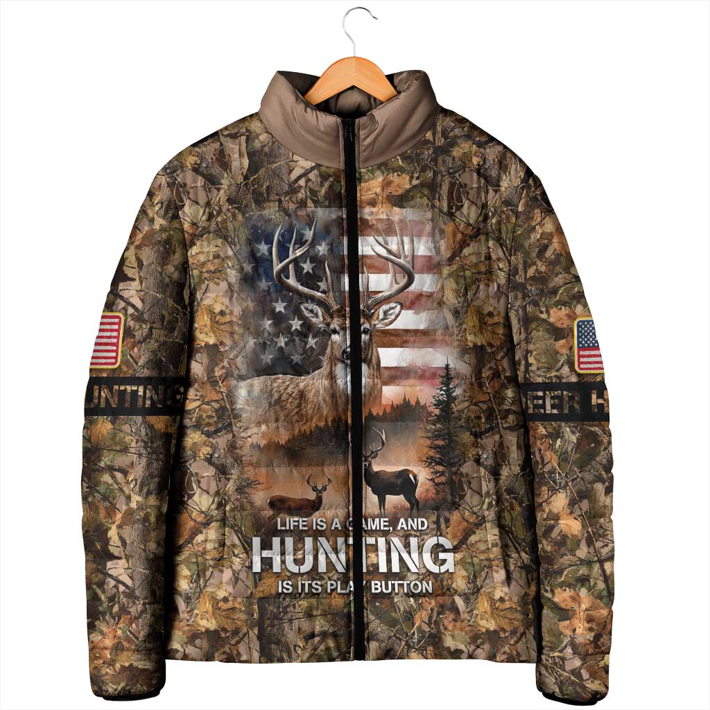 Personalized Buck Deer Hunting Padded Jacket American Flag Sunset Forest in Camouflage
