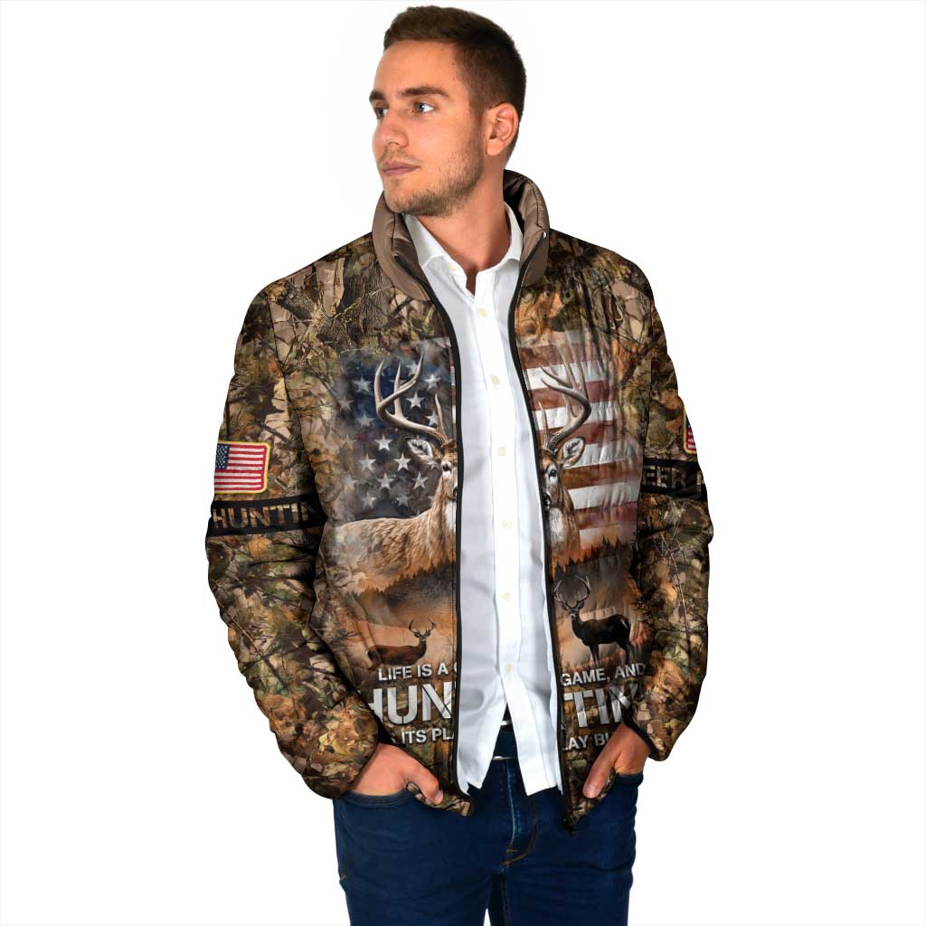 Personalized Buck Deer Hunting Padded Jacket American Flag Sunset Forest in Camouflage