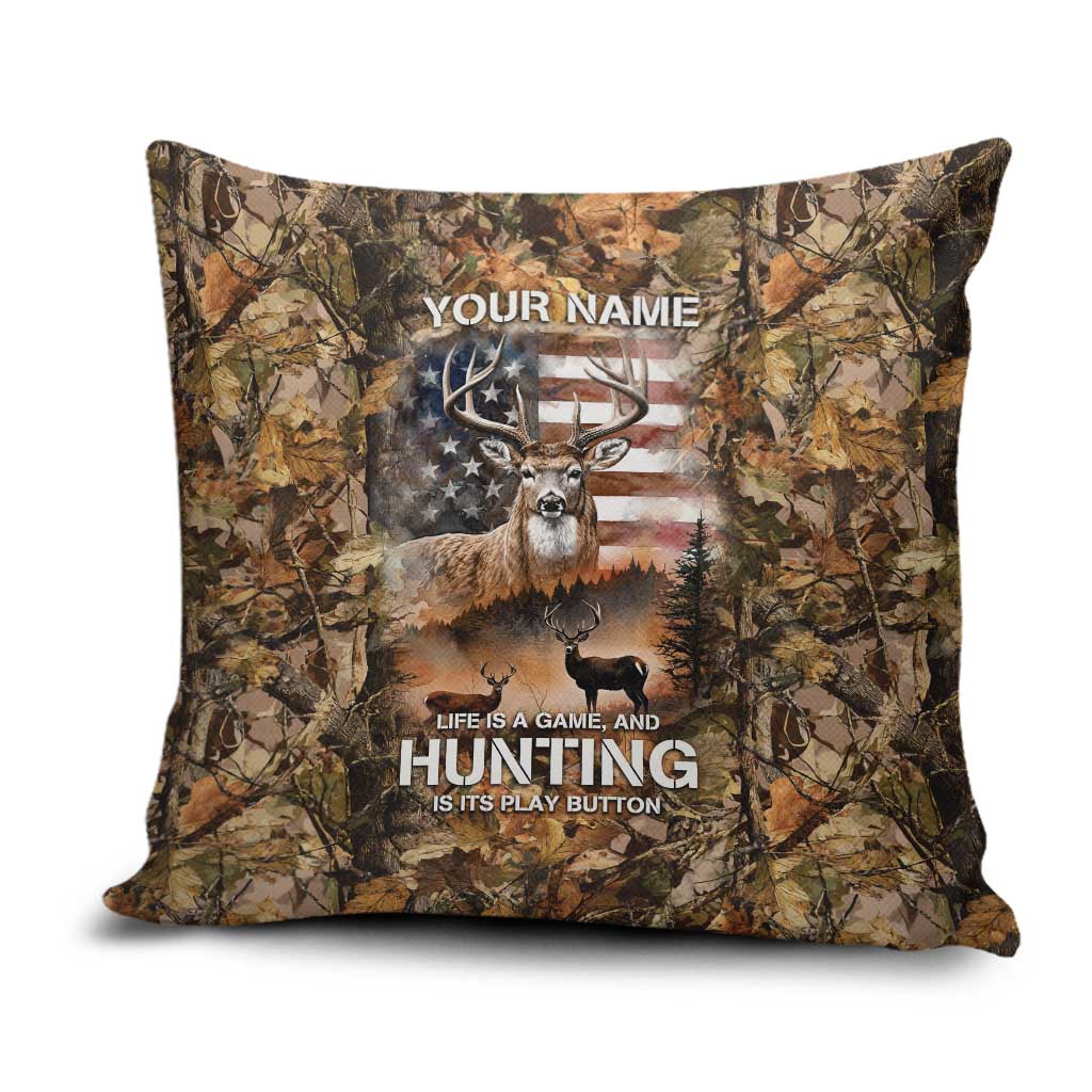 Personalized Buck Deer Hunting Pillow Cover American Flag Sunset Forest in Camouflage