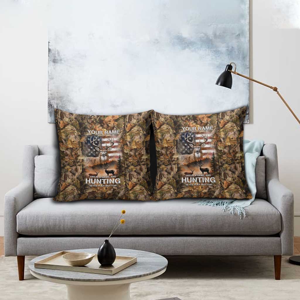 Personalized Buck Deer Hunting Pillow Cover American Flag Sunset Forest in Camouflage