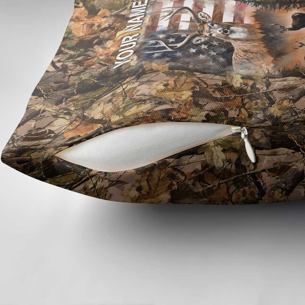 Personalized Buck Deer Hunting Pillow Cover American Flag Sunset Forest in Camouflage