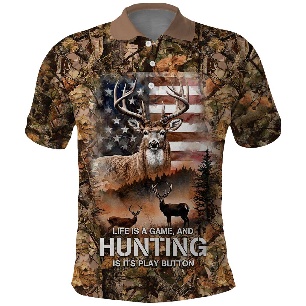 Personalized Buck Deer Hunting Polo Shirt American Flag Sunset Forest in Camouflage