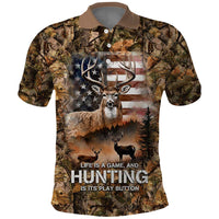 Personalized Buck Deer Hunting Polo Shirt American Flag Sunset Forest in Camouflage