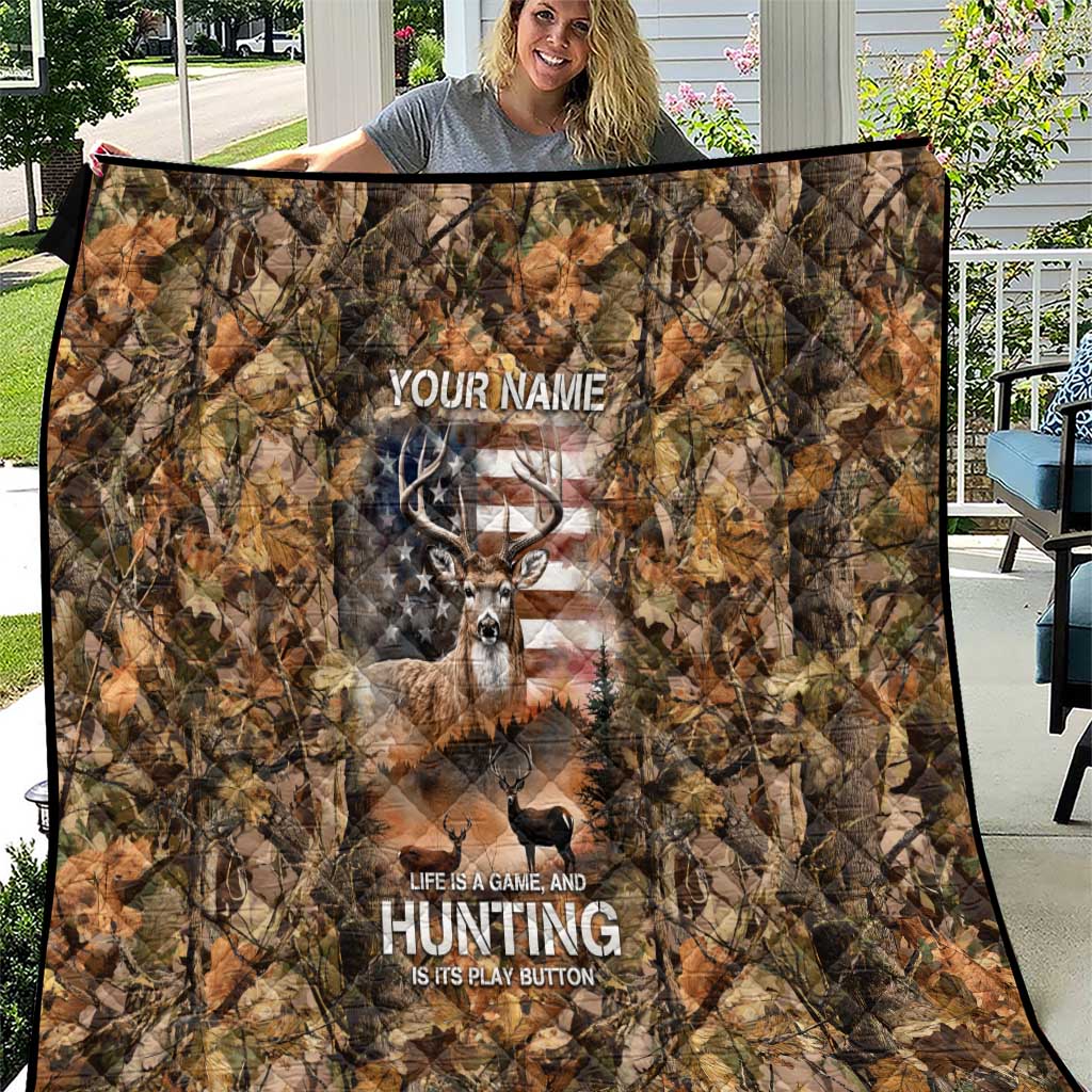 Personalized Buck Deer Hunting Quilt American Flag Sunset Forest in Camouflage