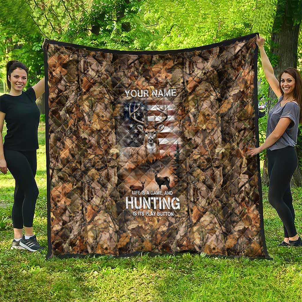 Personalized Buck Deer Hunting Quilt American Flag Sunset Forest in Camouflage