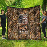 Personalized Buck Deer Hunting Quilt American Flag Sunset Forest in Camouflage