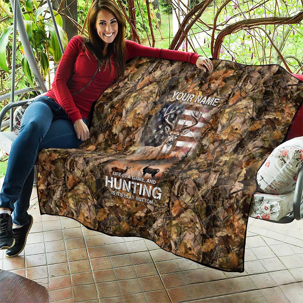 Personalized Buck Deer Hunting Quilt American Flag Sunset Forest in Camouflage