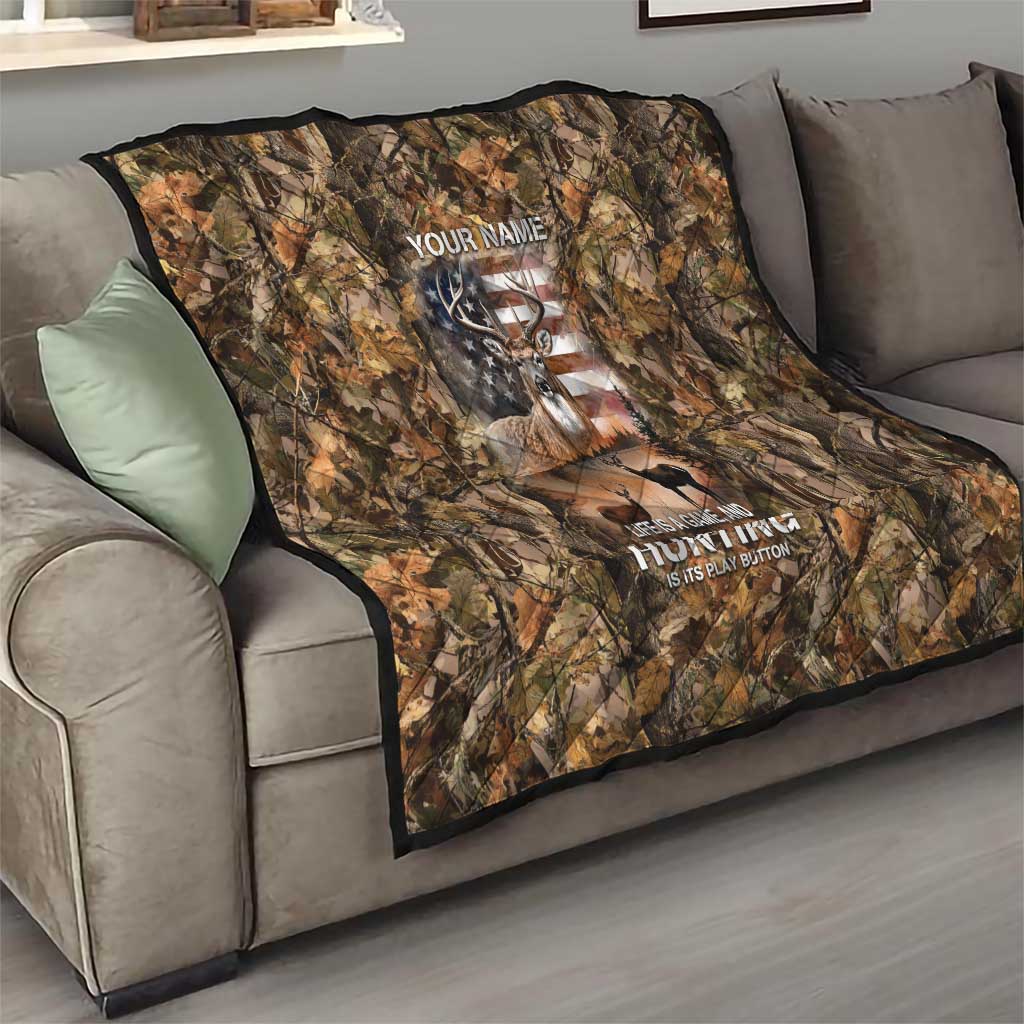 Personalized Buck Deer Hunting Quilt American Flag Sunset Forest in Camouflage