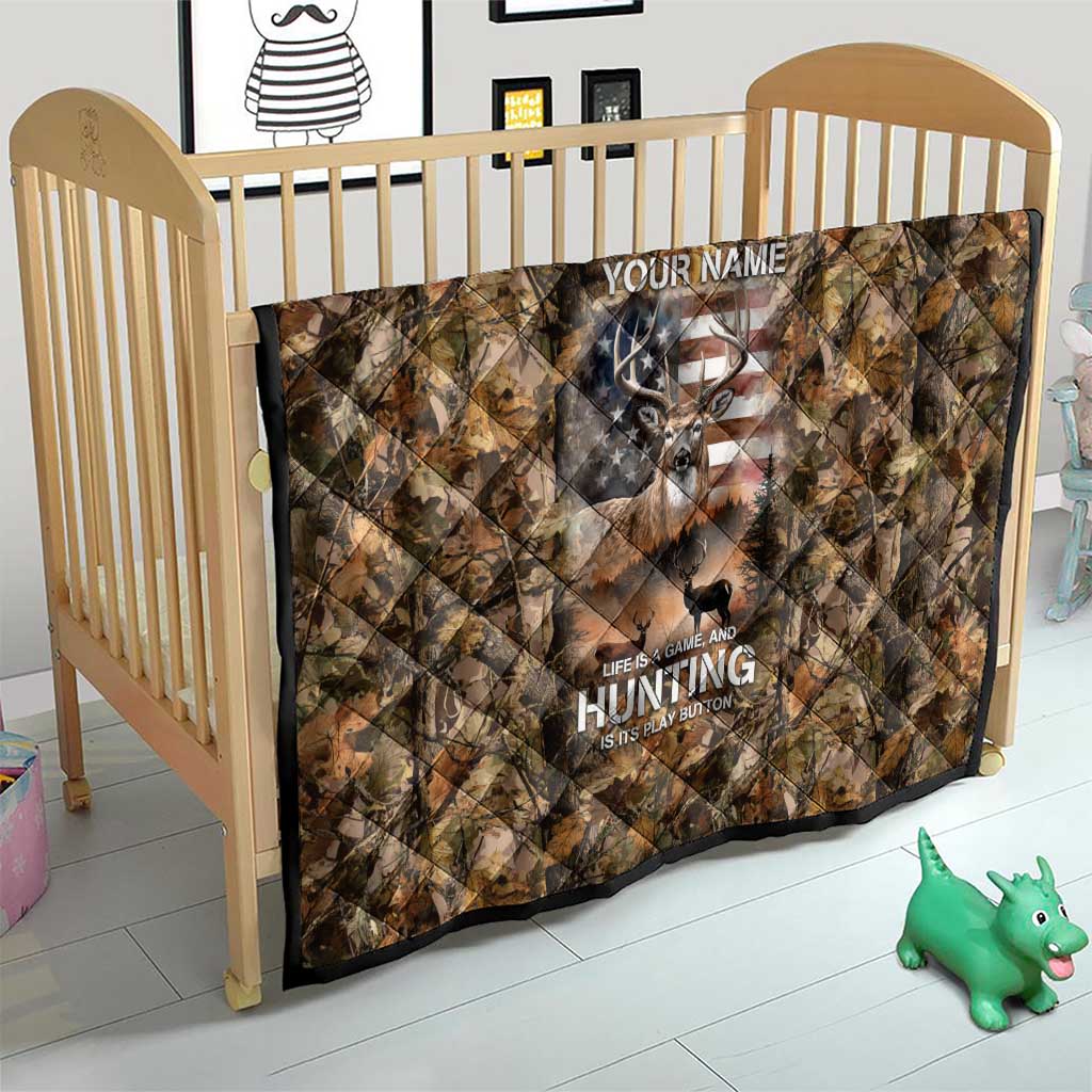 Personalized Buck Deer Hunting Quilt American Flag Sunset Forest in Camouflage