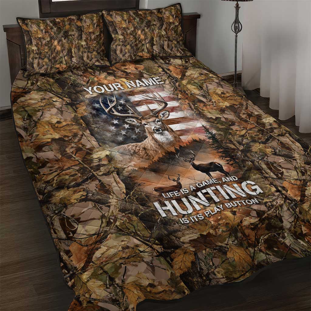 Personalized Buck Deer Hunting Quilt Bed Set American Flag Sunset Forest in Camouflage