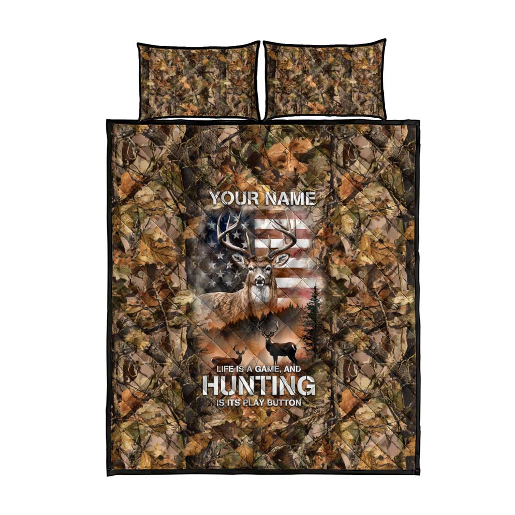 Personalized Buck Deer Hunting Quilt Bed Set American Flag Sunset Forest in Camouflage